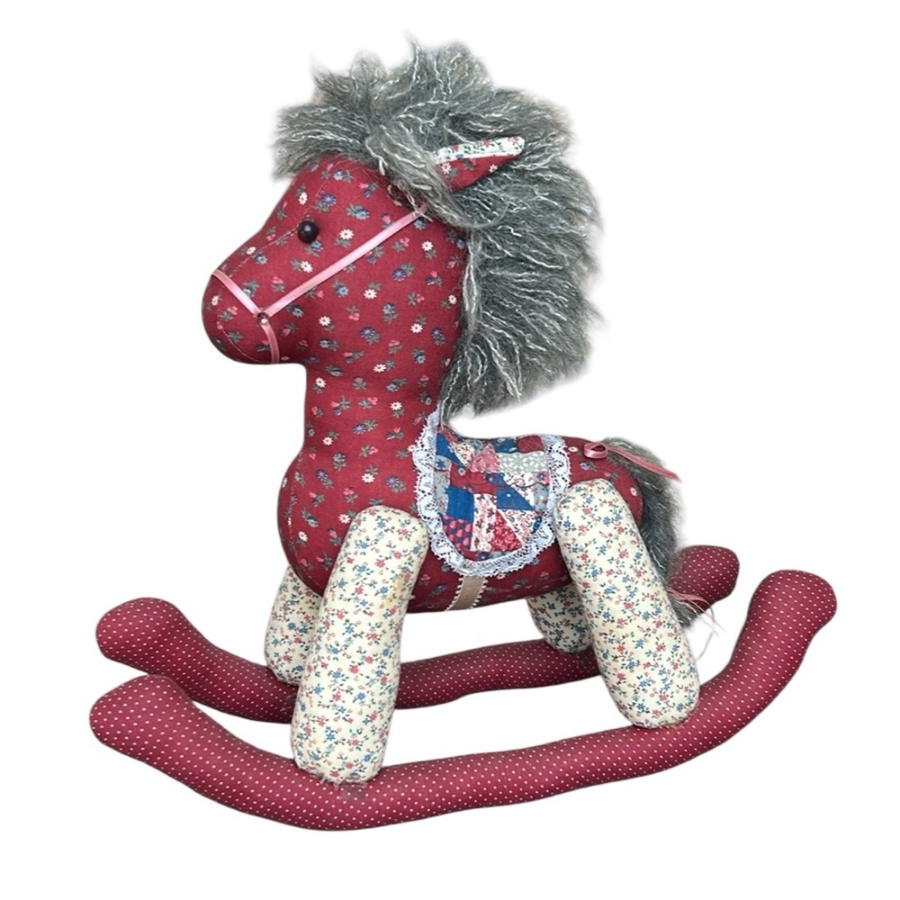 Rare Vintage Handcrafted Quilted Patchwork Rocking Horse Stuffed Toy Pink/Cream
